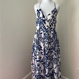 Elegant Blue and White Floral Maxi Dress